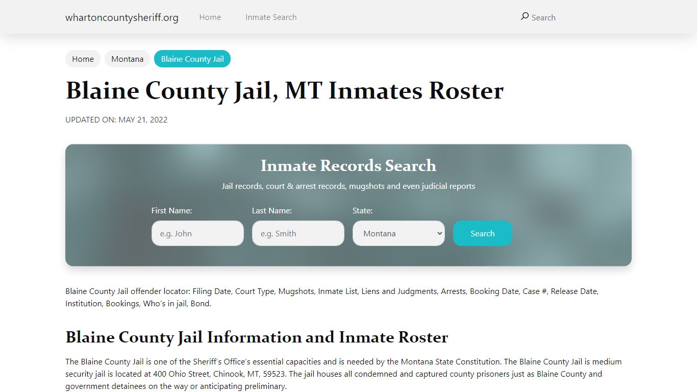 Blaine County Jail, MT Jail Roster, Name Search