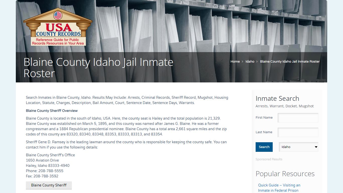 Blaine County Idaho Jail Inmate Roster | Name Search